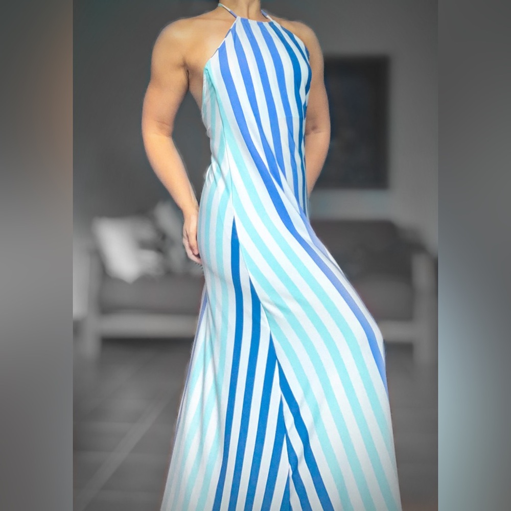 Blue and White Halter Maxi Sundress